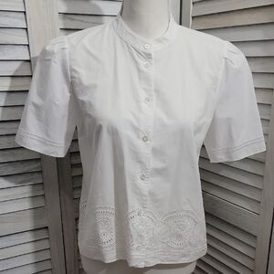 Frame Women's White Short Sleeve Crew Button Up Blouse with Embroidery Detail